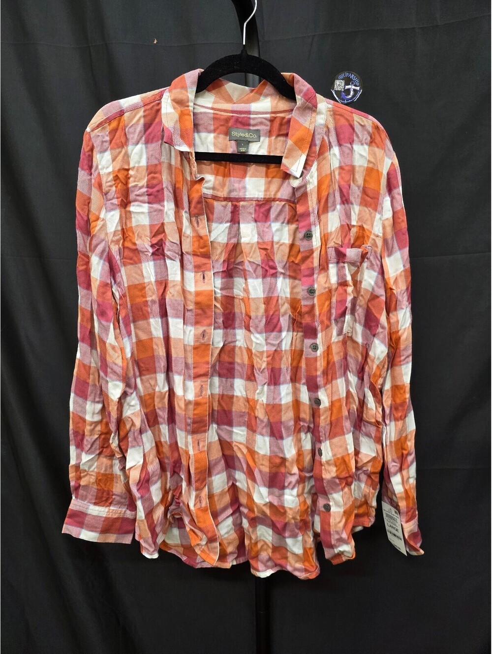 STYLE & CO CHECK PRINT BUTTON‑FRONT PLAID TOP STRAWBERRY SIZE L